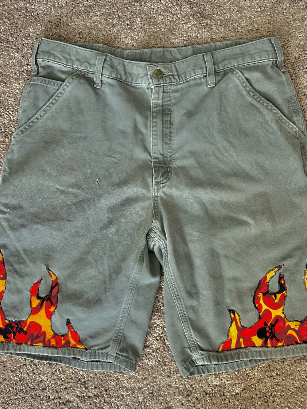 Handmade Upcycled 1 Of 1 Gray Shorts  Carhartt Flame Design 36 Cyber-Grunge Moto